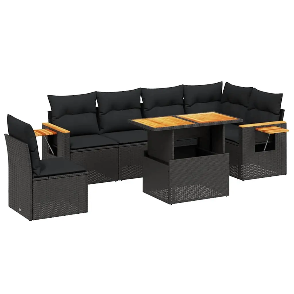Black 7-Piece Outdoor Garden Sofa Set with Rattan