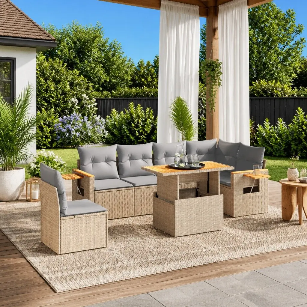 Beige 7 Piece Garden Sofa Set with Adjustable Table