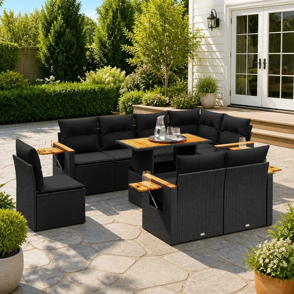 Modular 9 Piece Black Rattan Garden Sofa Set