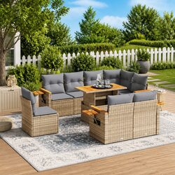 9 Piece Beige Modular Garden Sofa Set with Cushions