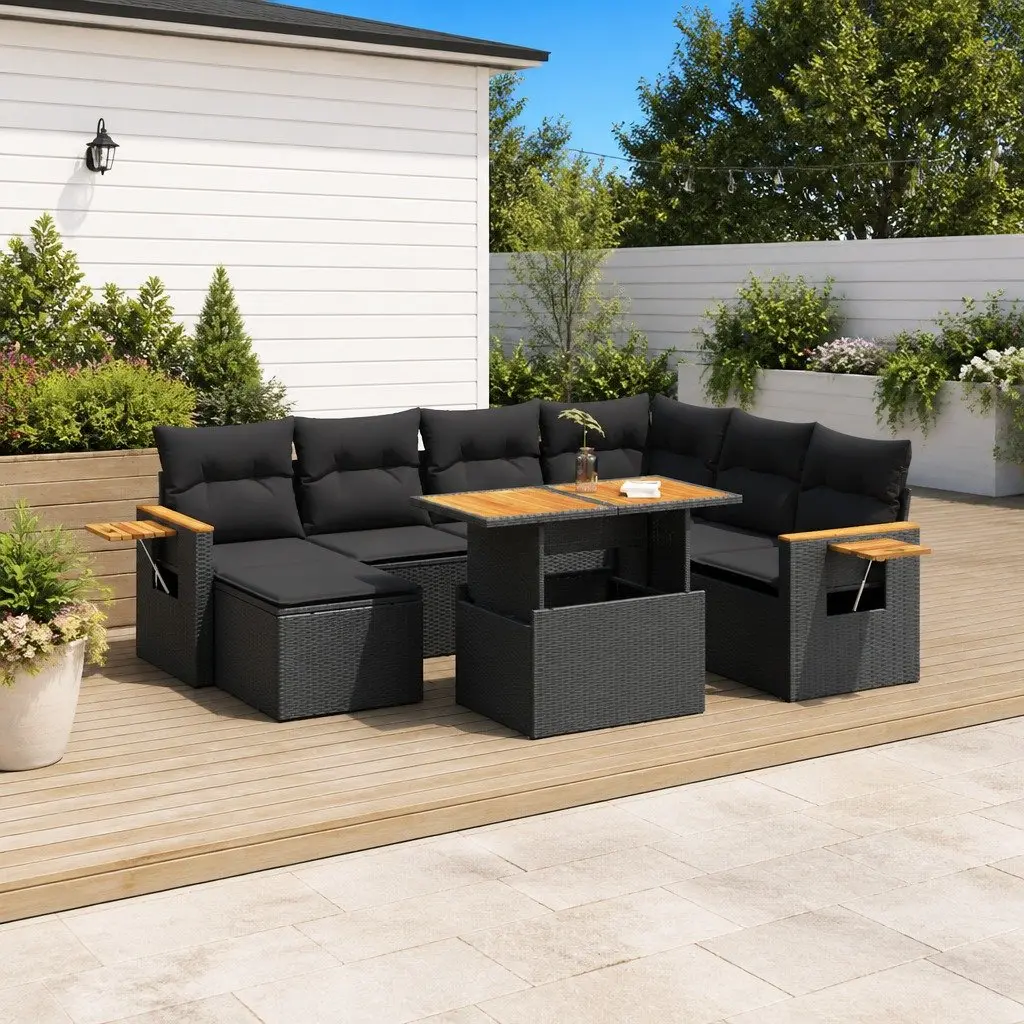 8-Piece Black Poly Rattan Garden Sofa Set for Outdoors
