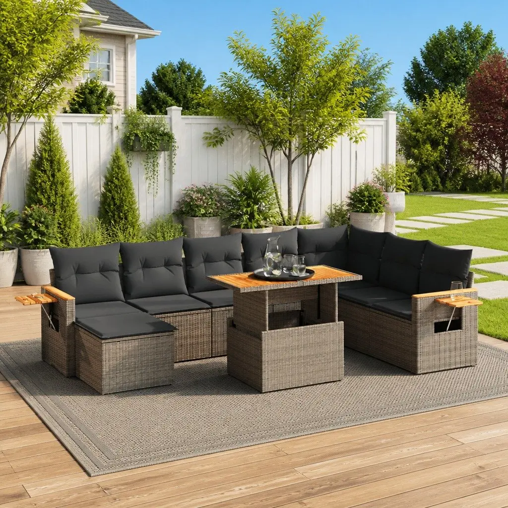 9 Piece Garden Sofa Set PE Rattan Grey Modular Outdoor Furniture Adjustable Table