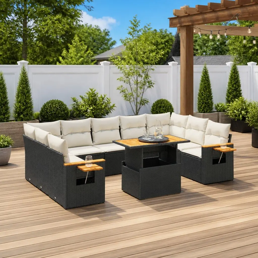 Black Modular 10-Piece Garden Sofa Set with Adjustable Table
