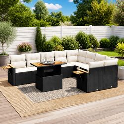 10-Piece Black Poly Rattan Garden Sofa Set
