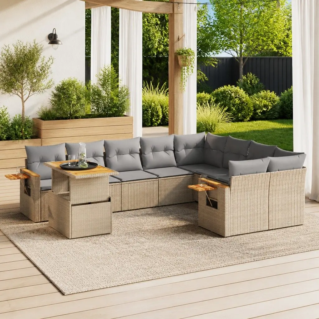 Beige 10 Piece Outdoor Sofa Set with Adjustable Table