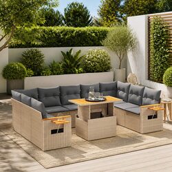 11 Piece Beige Rattan Outdoor Garden Sofa Set with Cushions