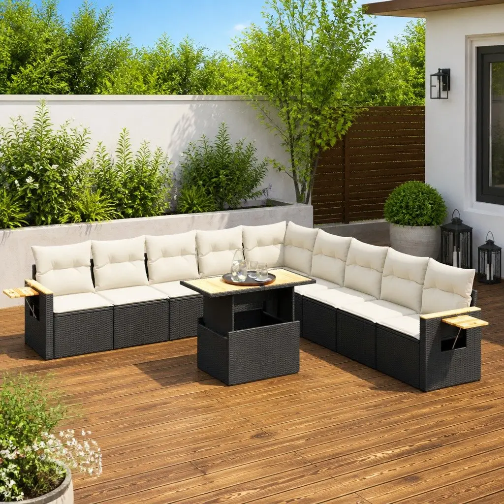 11-Piece Black Poly Rattan Garden Sofa Set
