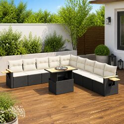Durable 11-Piece Black Poly Rattan Garden Sofa Set