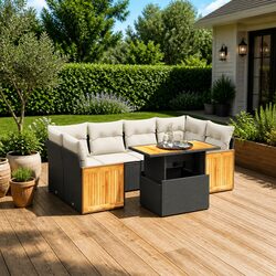 Black Poly Rattan 7 Piece Garden Sofa Set with Cushions