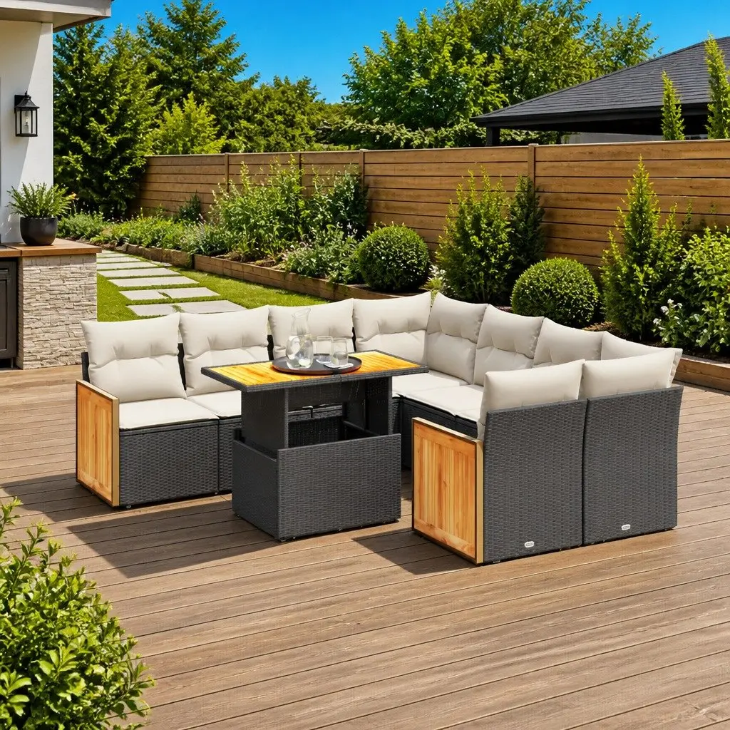Garden Sofa Set PE Rattan 9 Piece Outdoor Furniture Black