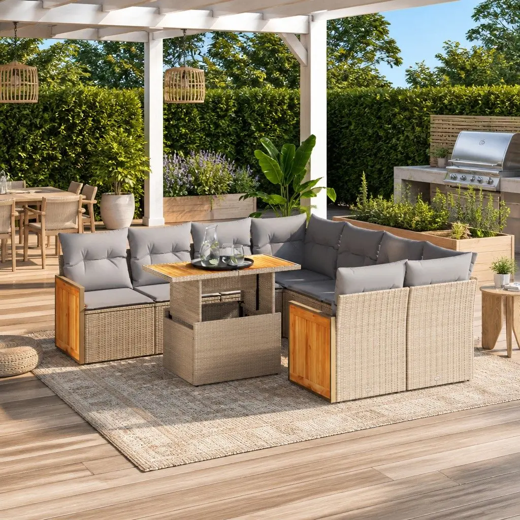 Beige Modular 9-Piece Outdoor Garden Sofa Set