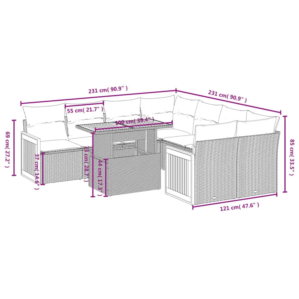 Beige Modular 9-Piece Outdoor Garden Sofa Set