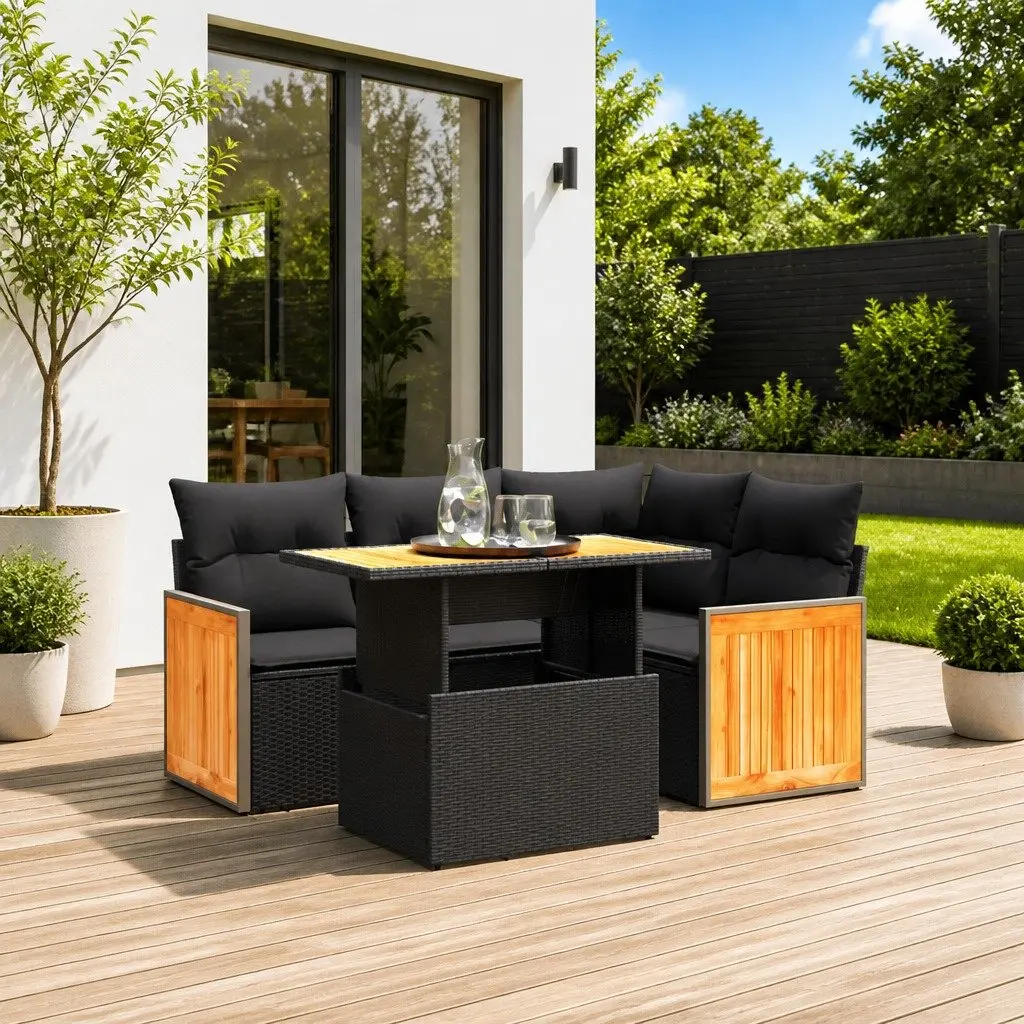 5 Piece Garden Sofa Set PE Rattan Modular Adjustable Table Black