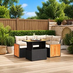 Black Poly Rattan 5-Piece Garden Sofa Set with Table