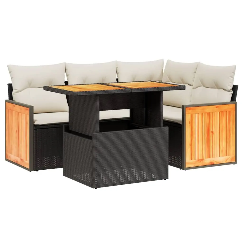 Black Poly Rattan 5-Piece Garden Sofa Set with Table