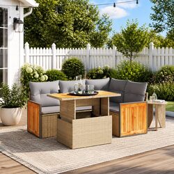 5-Piece Outdoor Patio Sofa Set with Cushions - Beige Poly Rattan