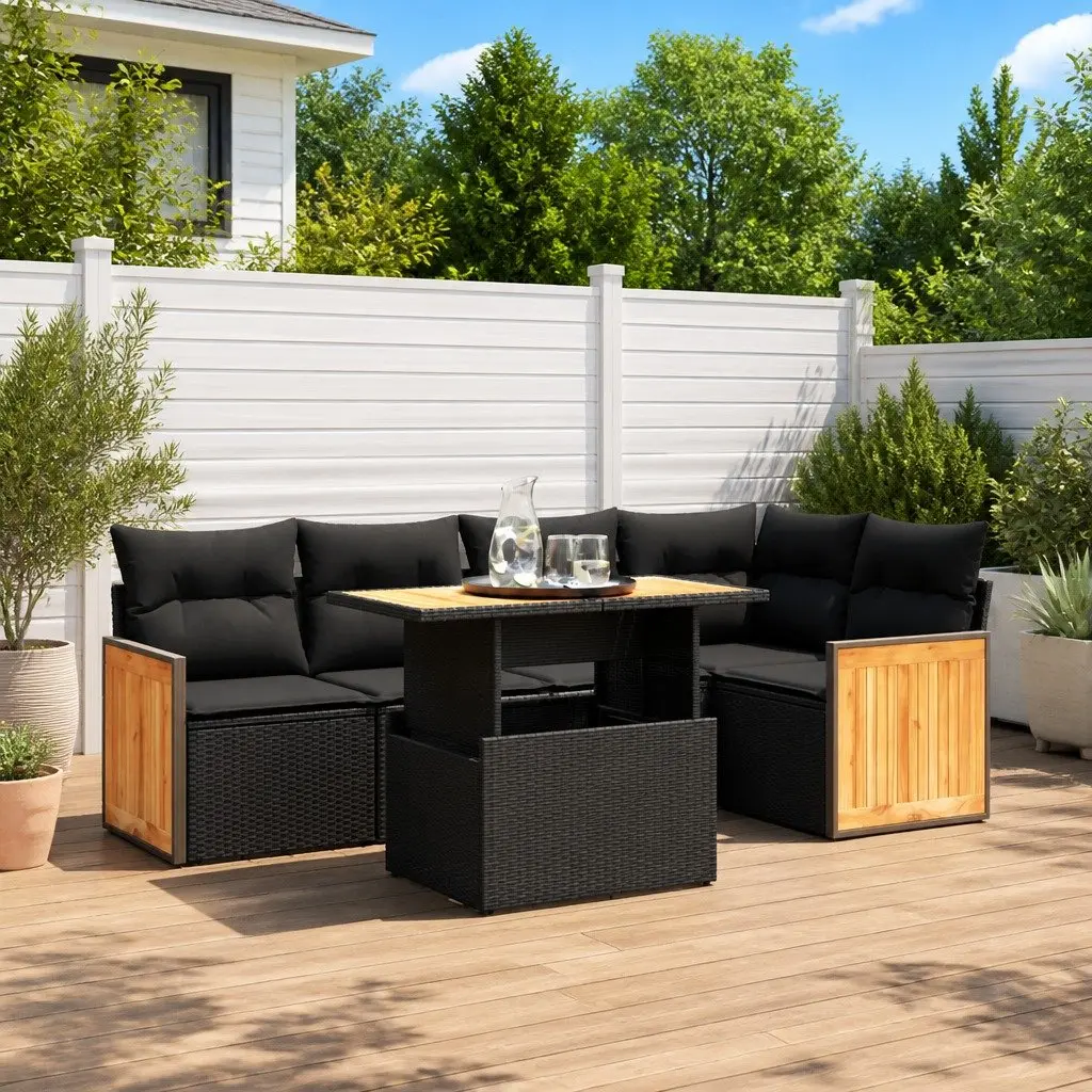 6 Piece Garden Sofa Set Poly Rattan Outdoor Furniture Black