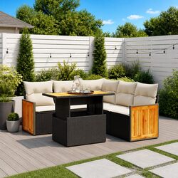 Black Poly Rattan 6-Piece Outdoor Sofa Set with Cushions
