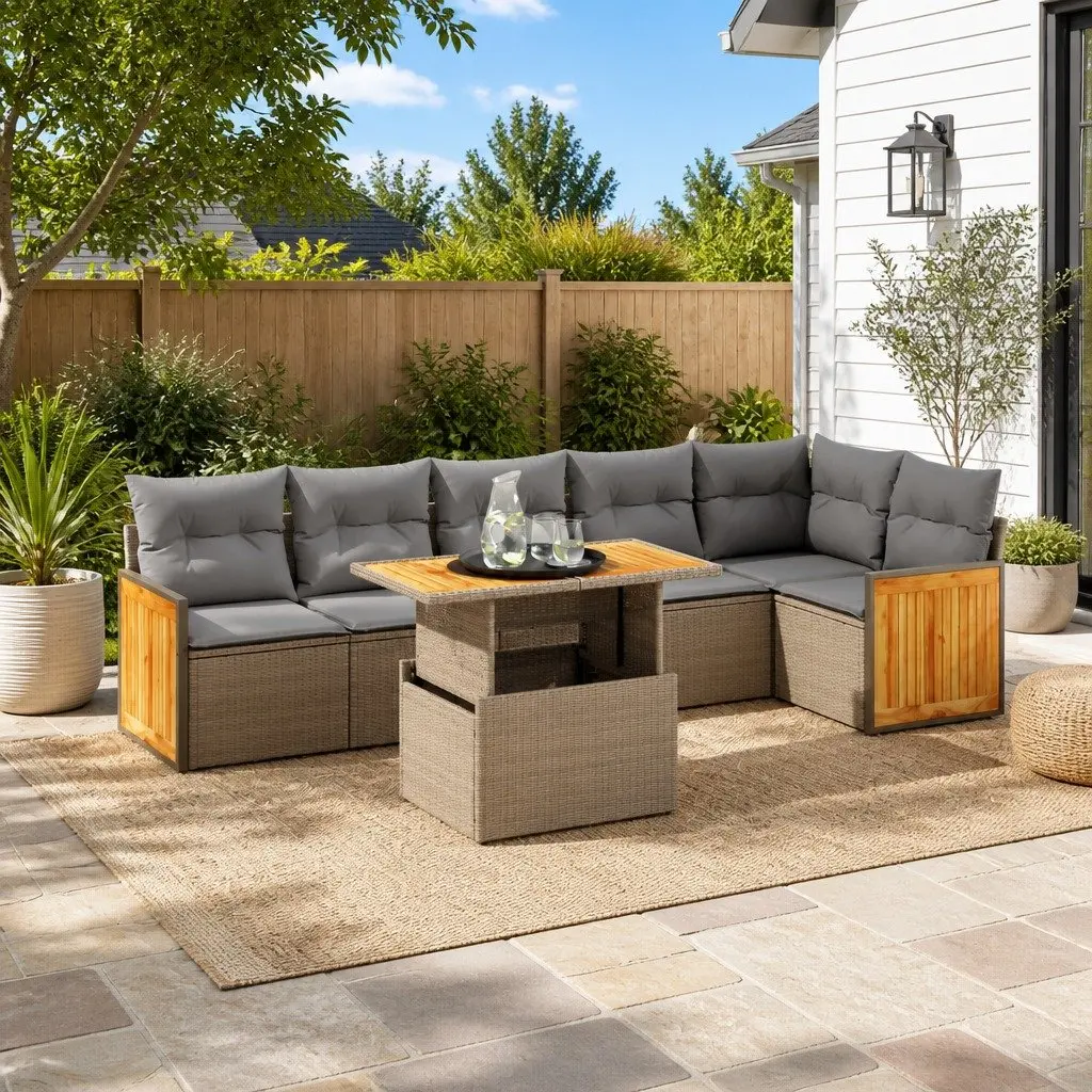 7 Piece Garden Sofa Set PE Rattan Beige Outdoor Furniture with Cushions