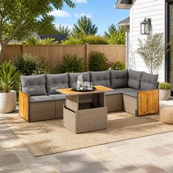 Beige 7 Piece Poly Rattan Sofa Set for Outdoor Relaxation