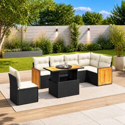 Quality 7 Piece Black Rattan Garden Sofa Set with Cushions