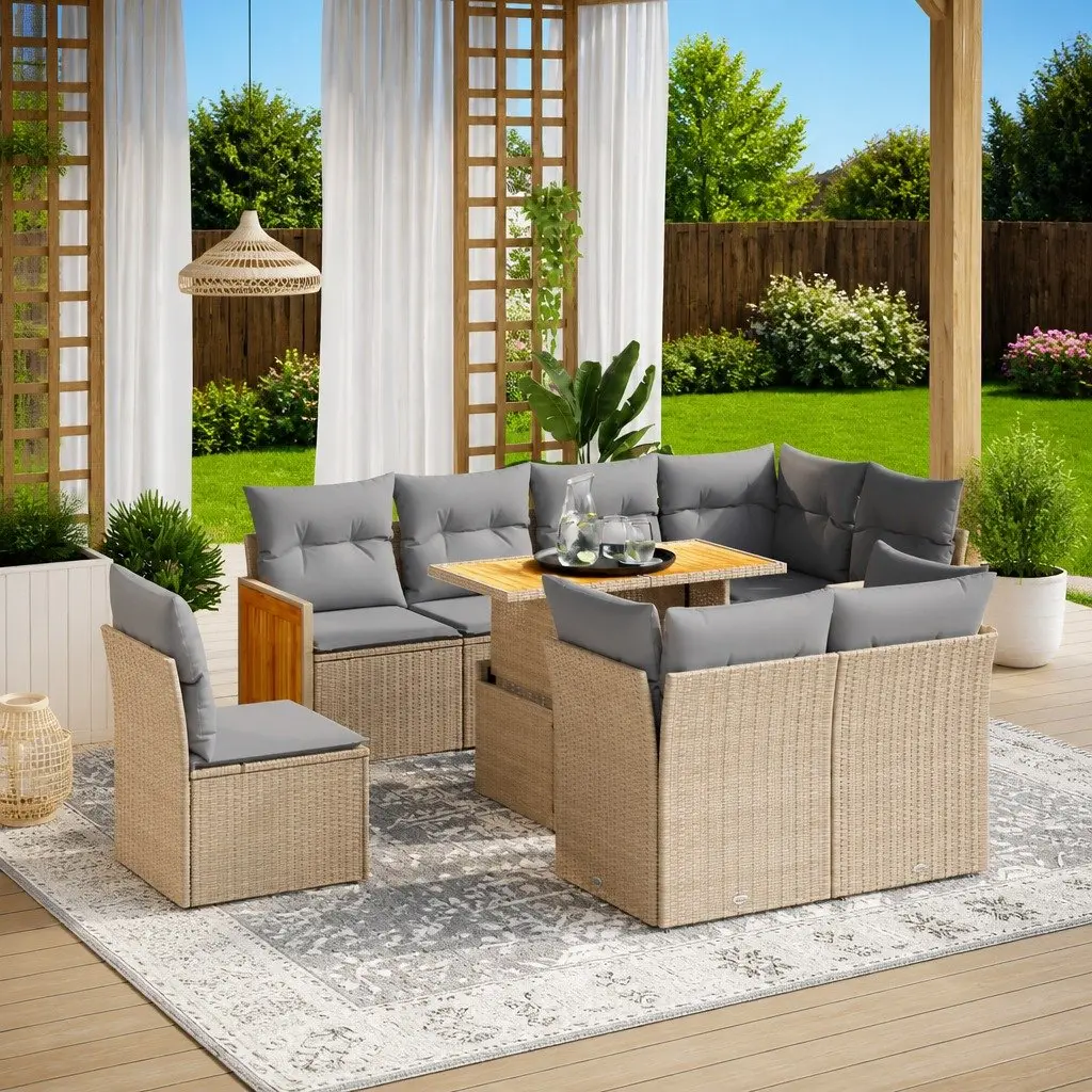 Beige Modular Garden Sofa Set 9 Piece Outdoor Furniture