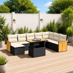 High-Quality 9 Piece Black Poly Rattan Garden Sofa Set