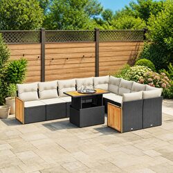 10-Piece Black Poly Rattan Garden Sofa Set