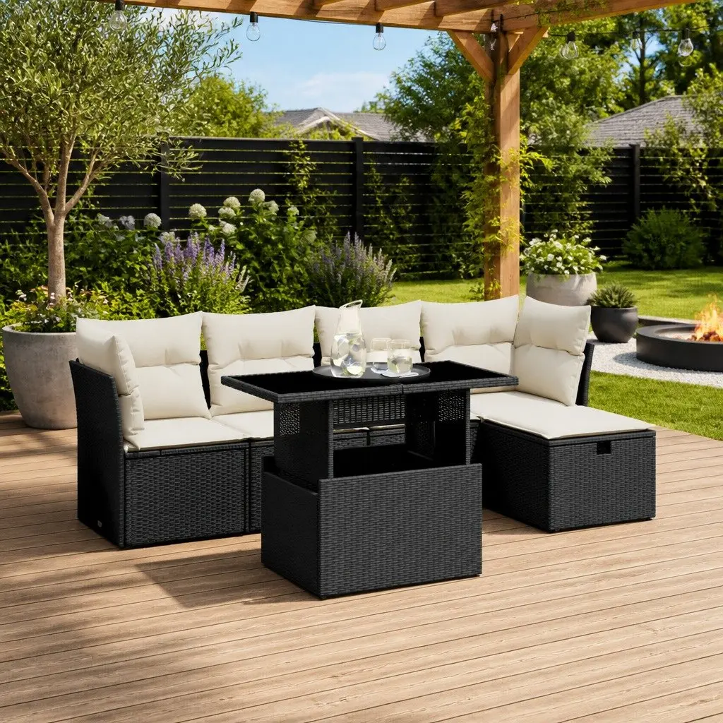 6 Piece Modular Garden Sofa Set with Cushions in Black
