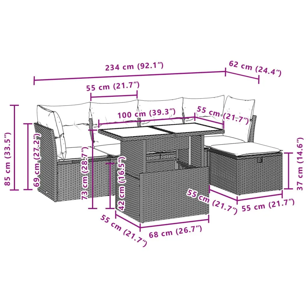 6 Piece Modular Garden Sofa Set with Cushions in Black