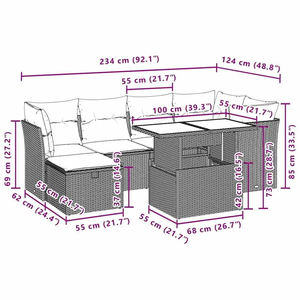 7 Piece Garden Sofa Set PE Rattan Modular Outdoor Furniture Black