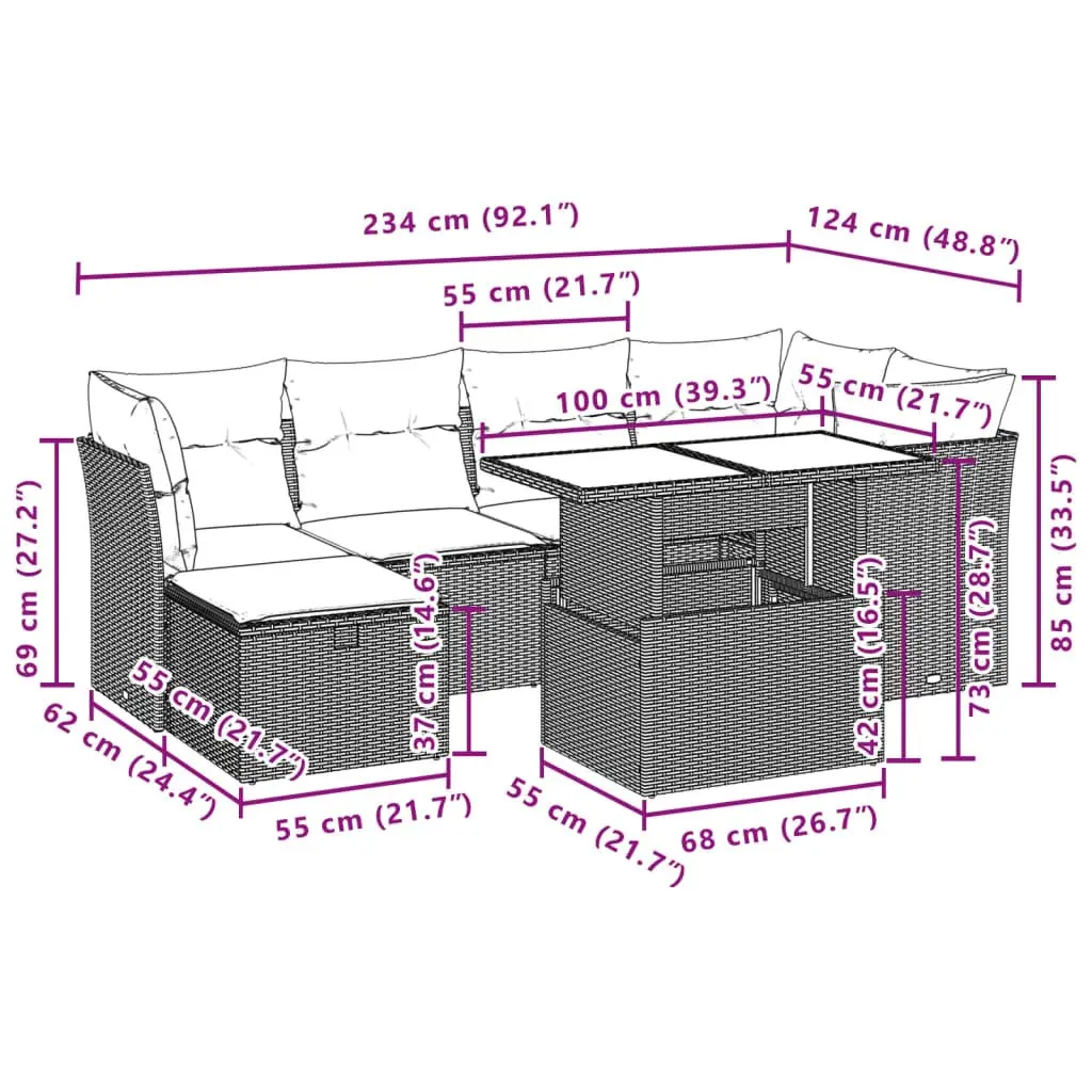 Outdoor Sofa Set PE Rattan 7 Piece Modular Garden Furniture with Cushions Black