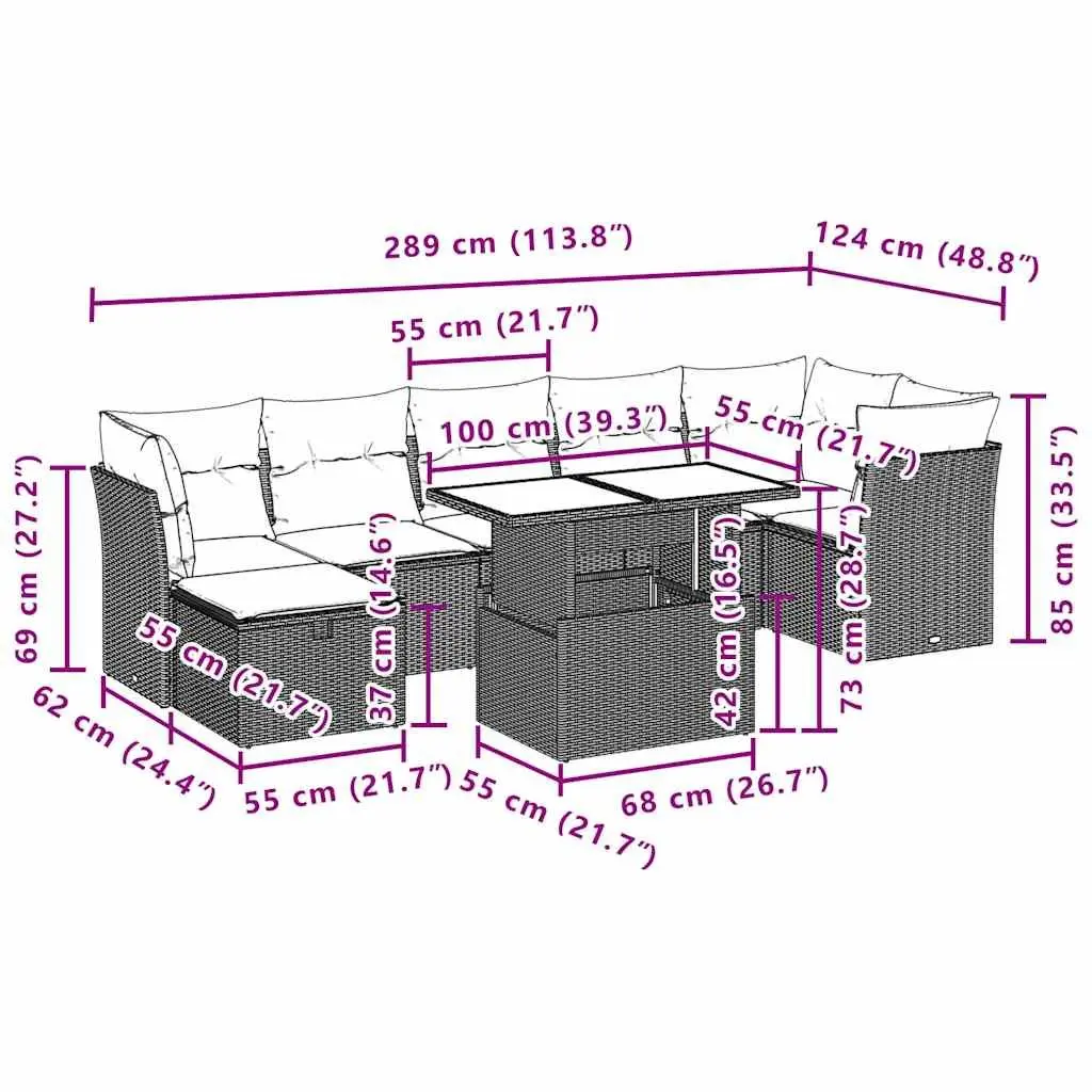 8-Piece Modular Outdoor Sofa Set with Black Cushions