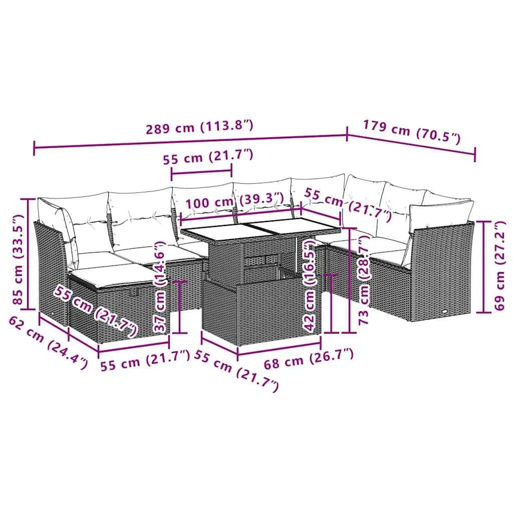 Garden Sofa Set PE Rattan 9 Piece Modular Outdoor Furniture Black