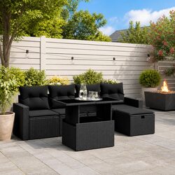 6 Piece Black Poly Rattan Garden Sofa Set for Outdoors