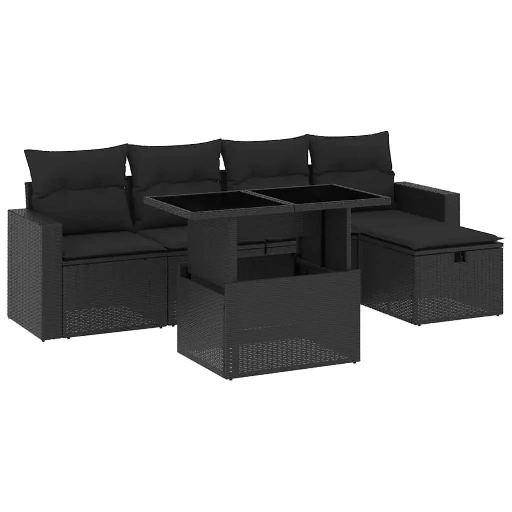 6 Piece Black Poly Rattan Garden Sofa Set for Outdoors
