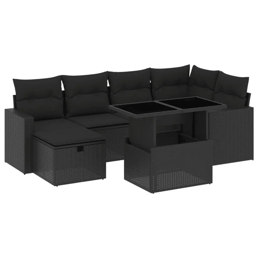 7 Piece Garden Sofa Set PE Rattan Black with Cushions