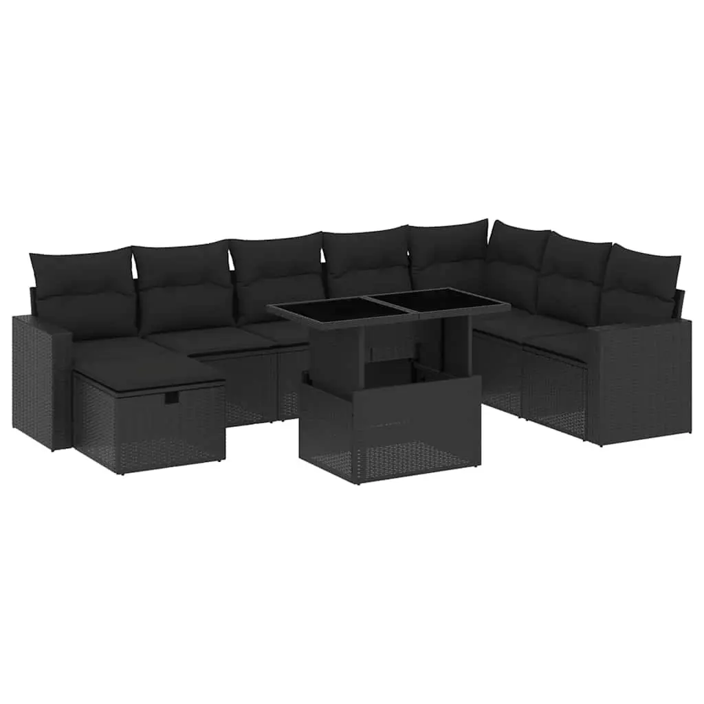 Garden Sofa Set PE Rattan 9 Piece Outdoor Furniture Black Modular Lounge with Cushions