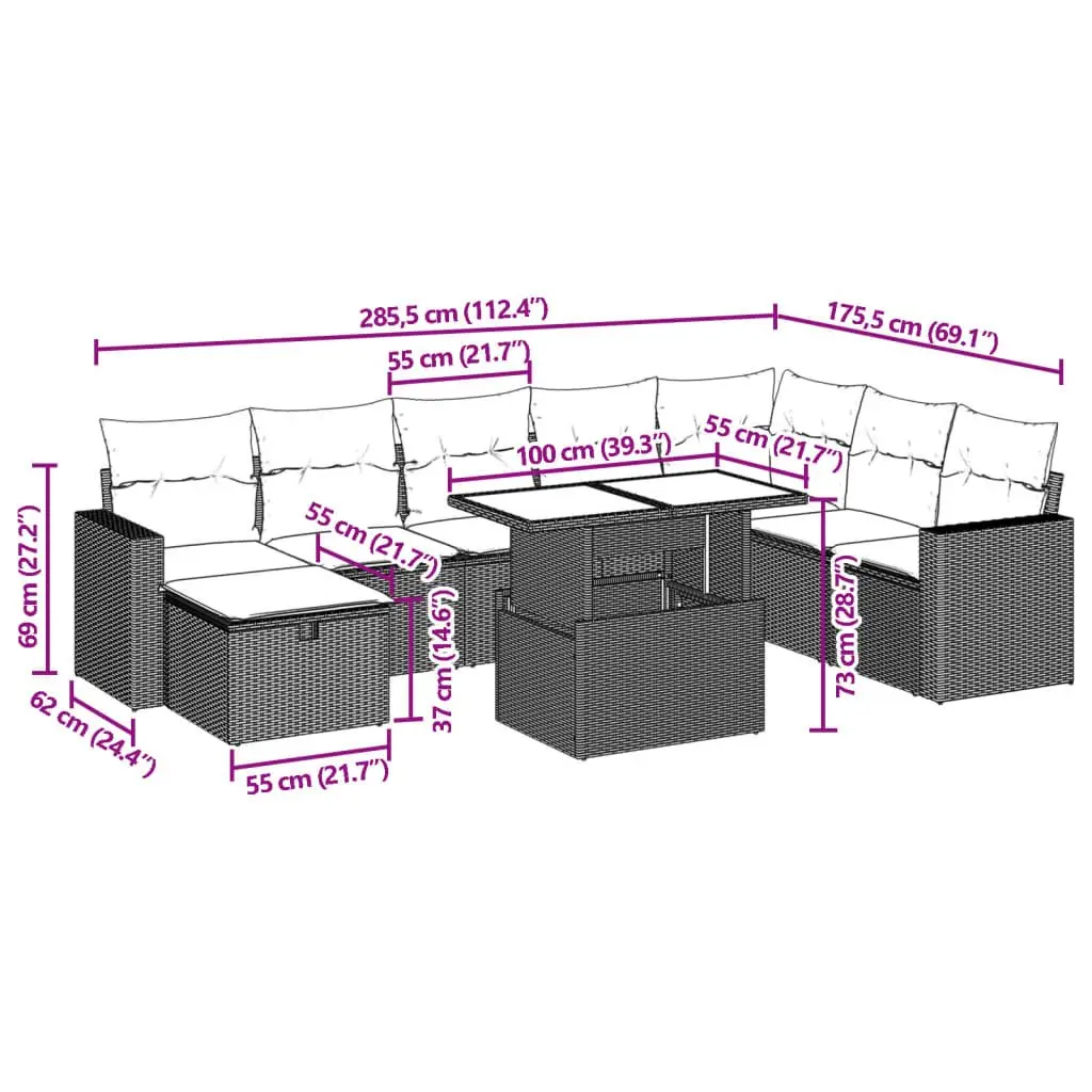 Garden Sofa Set PE Rattan 9 Piece Modular Sectional Black