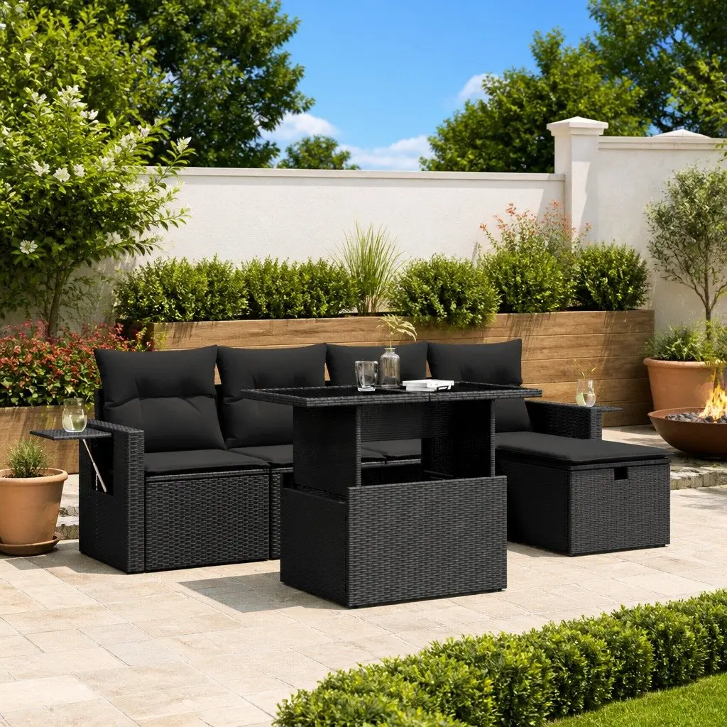 Modular 6 Piece Black Poly Rattan Garden Sofa Set