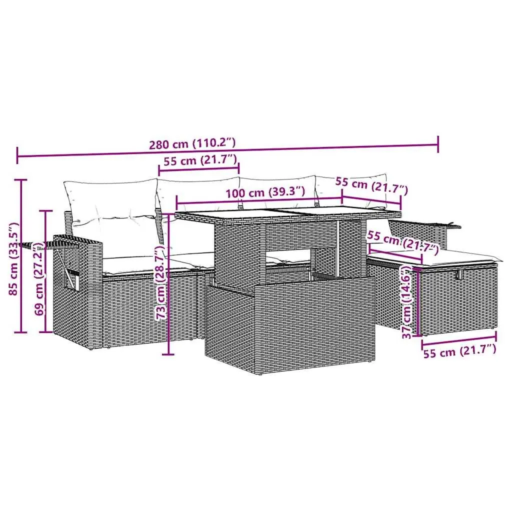 Modular 6 Piece Black Poly Rattan Garden Sofa Set