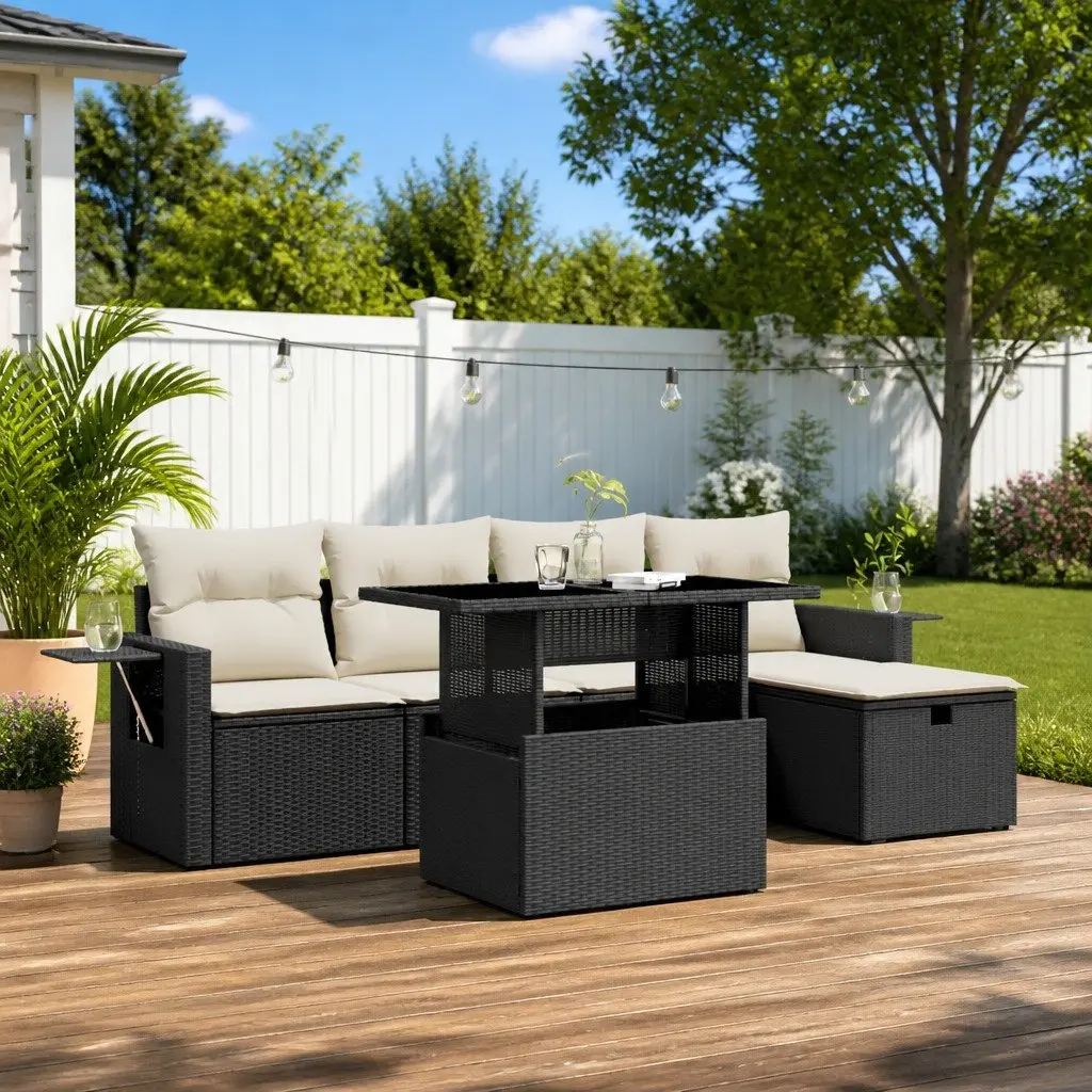 Garden Sofa Set PE Rattan 6 Piece Modular Outdoor Furniture Black