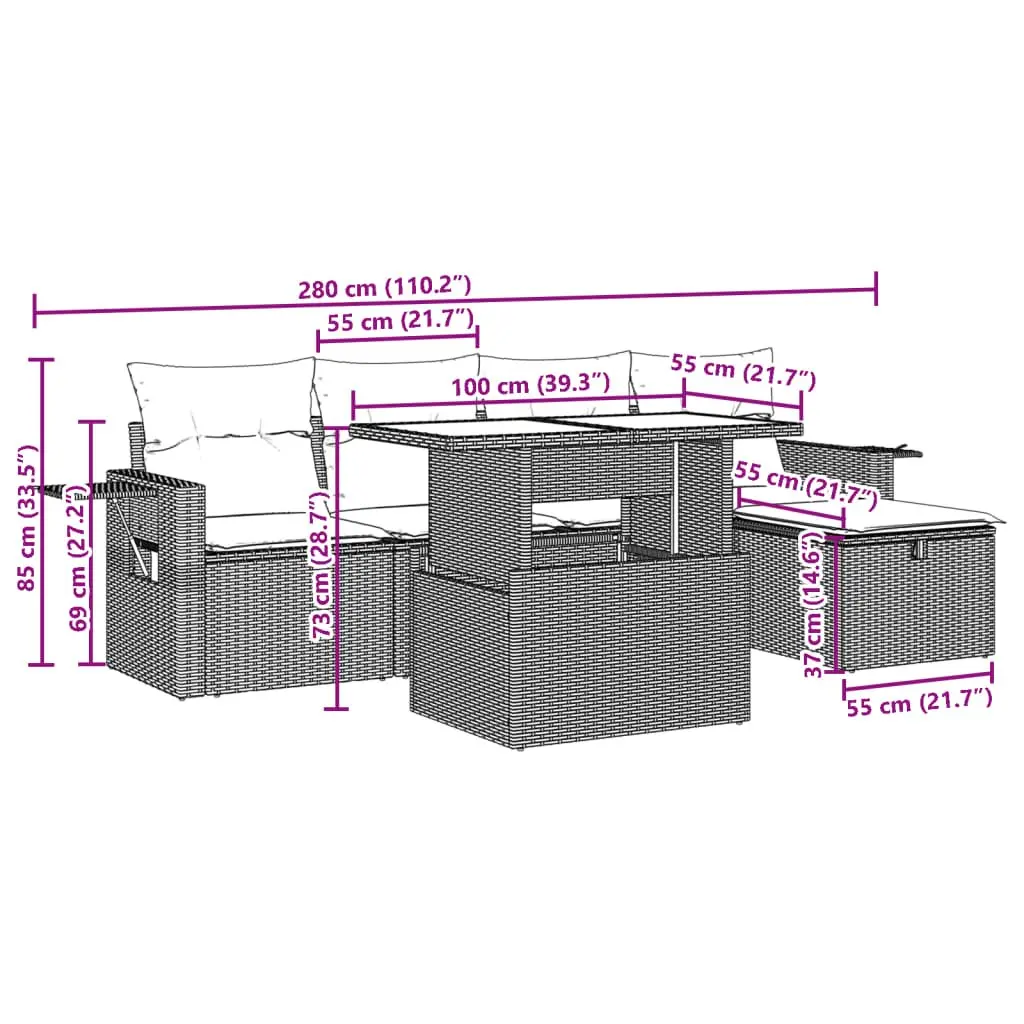 Garden Sofa Set PE Rattan 6 Piece Modular Outdoor Furniture Black