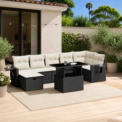 8-Piece Black Poly Rattan Garden Sofa Set