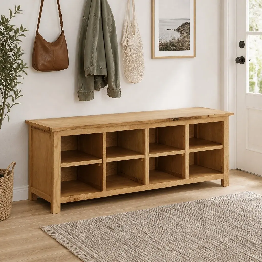 Solid Wood Shoe Rack Bench with 8 Compartments