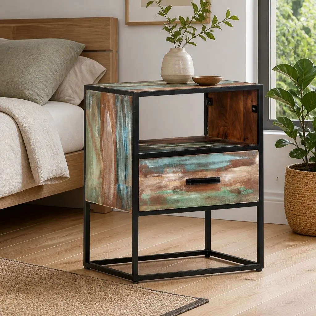 Solid Reclaimed Wood Bedside Table with Sturdy Iron Frame