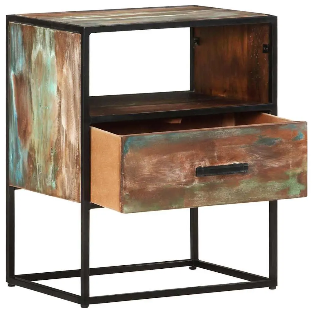 Solid Reclaimed Wood Bedside Table with Sturdy Iron Frame