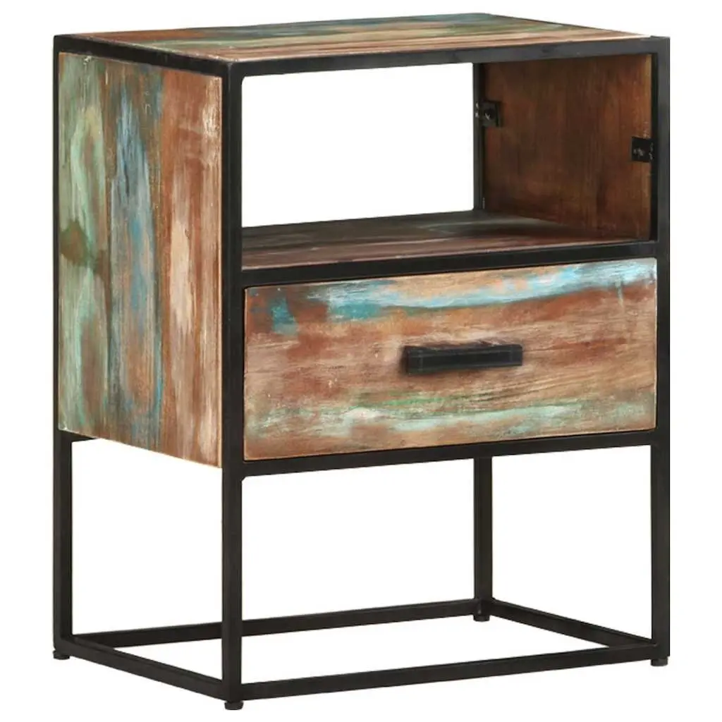 Solid Reclaimed Wood Bedside Table with Sturdy Iron Frame