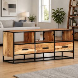 Solid Acacia Wood TV Cabinet with Drawers and Shelves