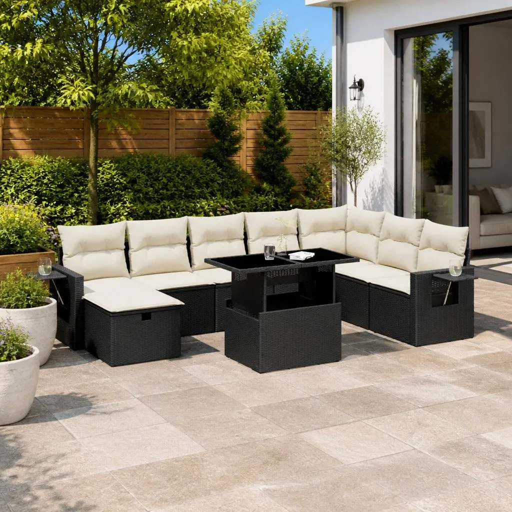 9 Piece Modular Black Poly Rattan Garden Sofa Set